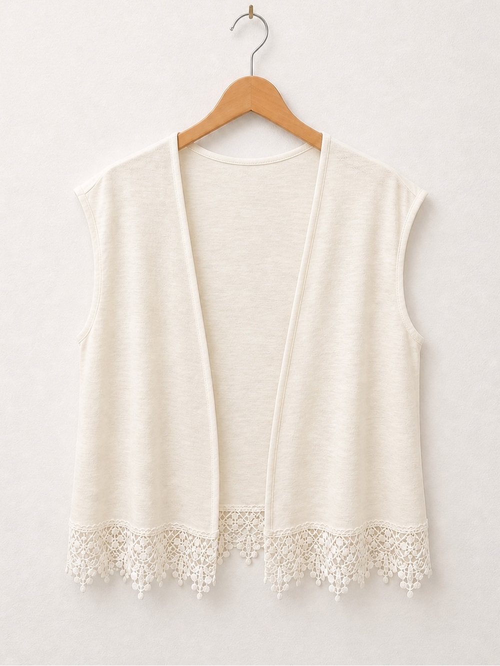 NY Collective Boho Ivory Crochet Hem Open Front Sleeveless Cardigan Flowy Vest